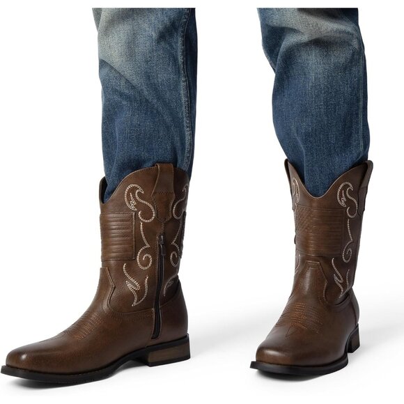 Bruno Marc Men Brown Round Toe Slip on Chunky Heel Waterproof Mid Calf Boots - Picture 3 of 8